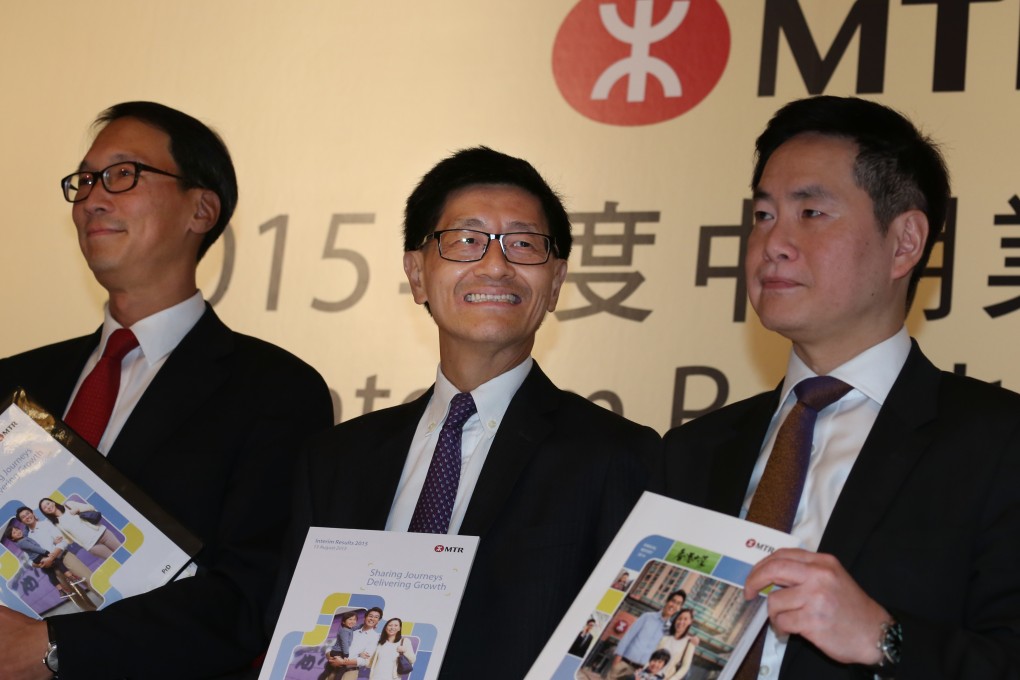 MTR Corp property director David Tang Chi-fai, left, chief executive Lincoln Leong and  finance director Stephen Law Cheuk-kin at the results meeting. Photo: Nora Tam