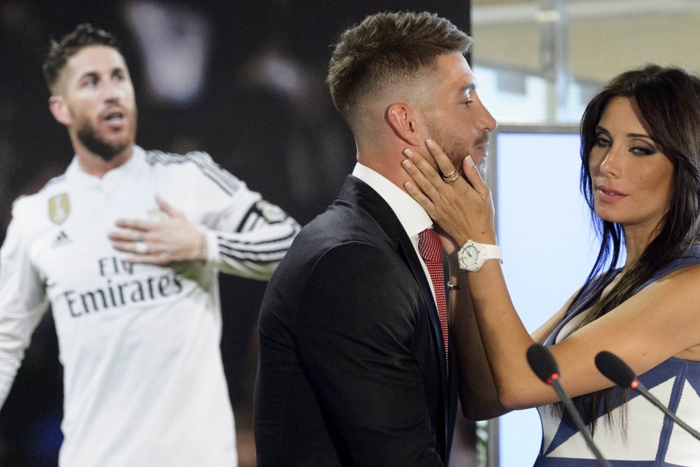Real Madrid captain Sergio Ramos and his wife Pilar Rubio at a media conference on Monday to announce his contract renewal. Photo: AFP