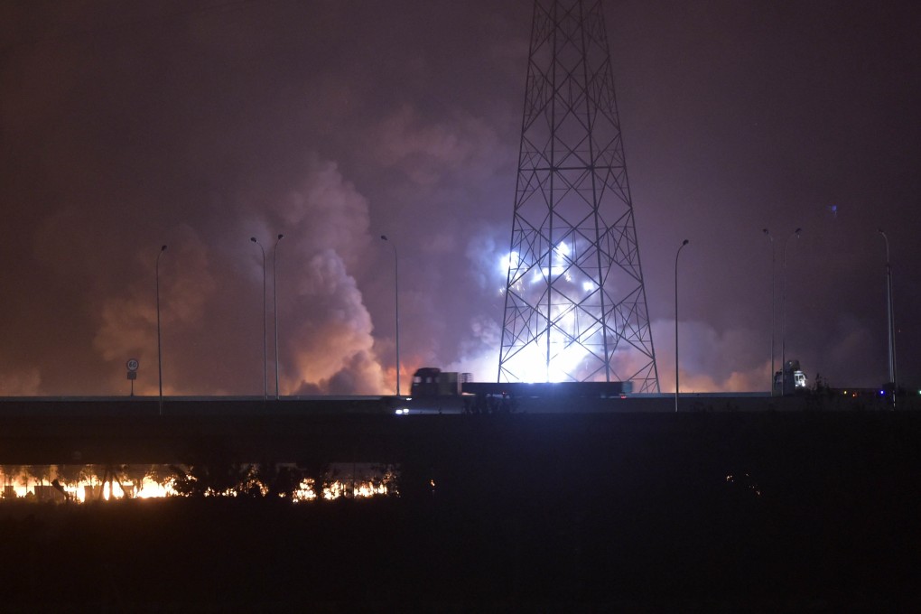 One of the two blasts that occurred at the warehouse operated by Ruihai International Logistics. Photo: XInhua