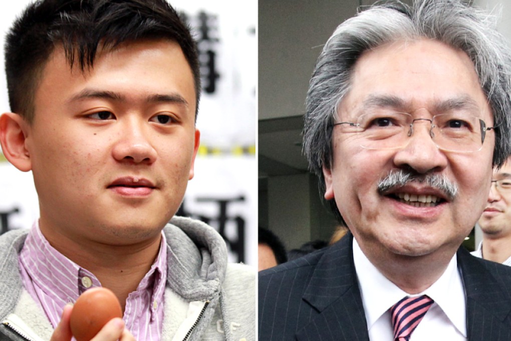 Activist Derek Chan (left) is challenging the Correctional Services Department's prisons policy following his incarceration over his conviction for throwing an egg at Financial Secretary John Tsang Chun-wah (right). Photos: Dickson Lee, Edward Wong