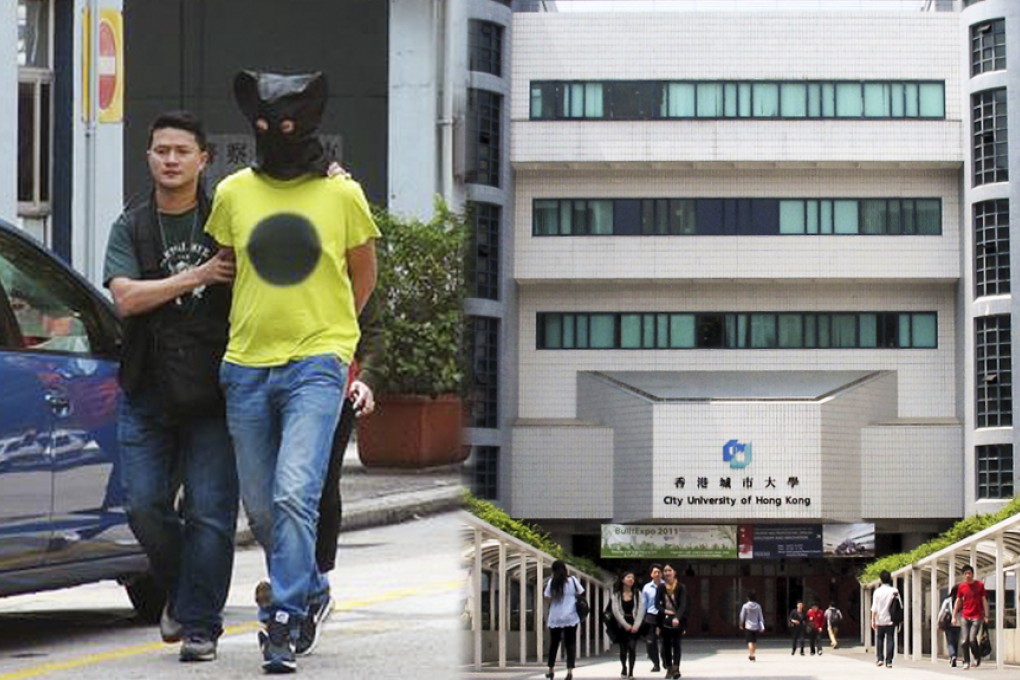 Tang Chun-kin (yellow shirt), who in 2012 was handed a jail sentence of four years for torching 12 cars, was caught red-handed burning a piece of tissue paper tied to an iron railing inside City University's Academic 1 building. Photos: SCMP