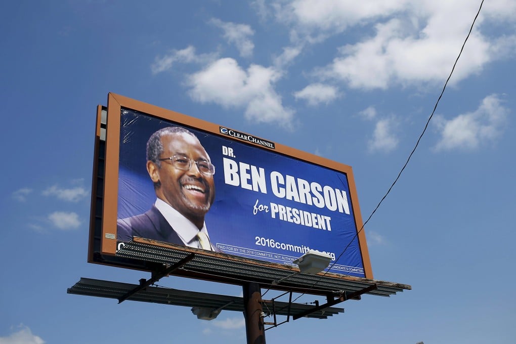 A campaign sign for Republican presidential candidate and retired Johns Hopkins neurosurgeon Ben Carson. Photo: Reuters