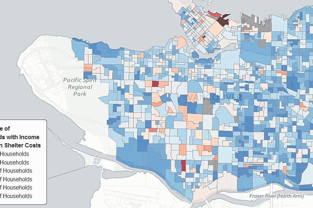 Vancouver neighbourhoods where at least 20 per cent of households  declare income lower than their housing costs alone are shown in darkening shades of pink. But even in light blue areas, the rate is at least 10 per cent, more than double the Canadian average. Graphic: MountainMath