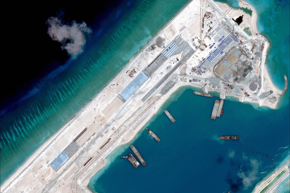 A satellite image of what is claimed to be an under-construction airstrip at Fiery Cross Reef in the Spratly Islands in the disputed South China Sea. The photo was taken on April 2, 2015 by satellite imagery provider DigitalGlobe. Photo: AFP