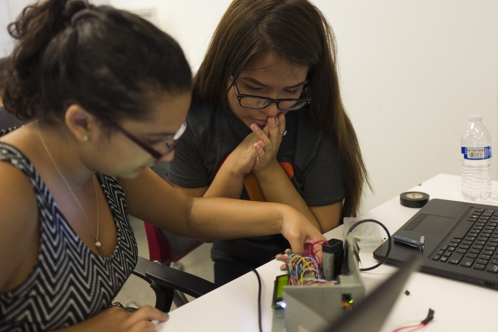 India Bhalla-Ladd, 15 (left), and Stephanie Villanueva, 17, work on their product, Plantech, during the Girls Who Code Summer Immersion Programme at Washington's Georgetown University. Photos: The Washington Post