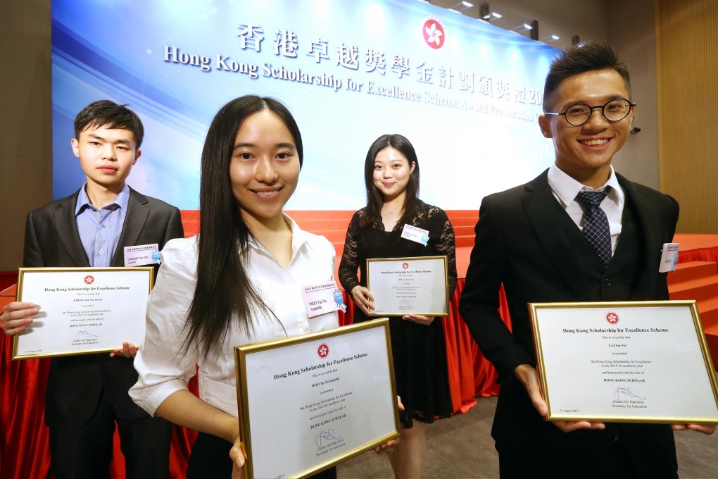 The first winners of the prize are (from left) Justin Cheung Yan-yiu, Isabella Woo Tsz-yu, Jessica Chin and Lai Sze-fat. Photo: Dickson Lee