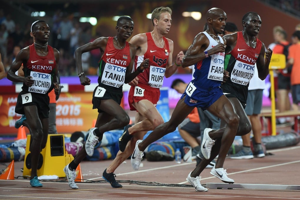Britain's Mo Farah (second right) competes in the final of the men's 10,000m athletics event at the 2015 IAAF World Championships at the 'Bird's Nest' National Stadium in Beijing on Saturday. Photo: AFP