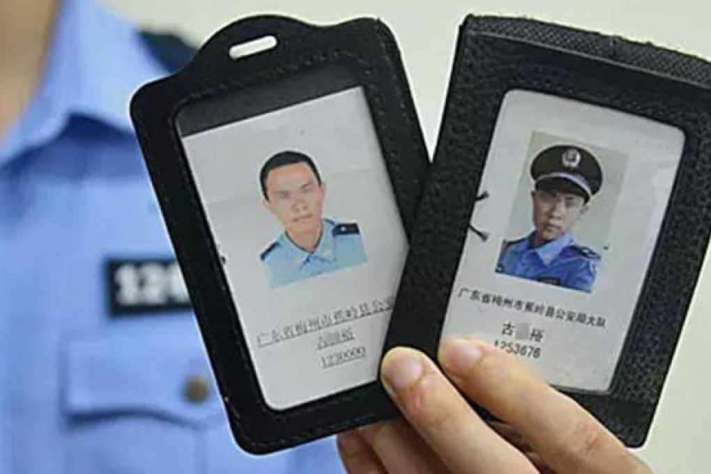 The man, 21, started impersonating police officers in 2013. He was arrested that year, again last December and finally last month, when he broke his probation. Photo: Guangzhou Daily