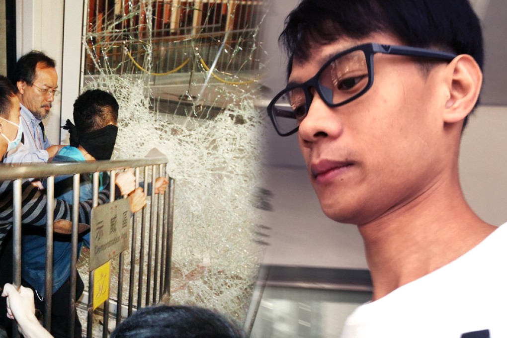 Lawmaker Dr Fernando Cheung Chiu-hung tries to stop protesters breaking into the Legco building in Admiralty on November 19 last year (left). Tai Chi-shing (right) was given a jail term. Photos: Chris Lau