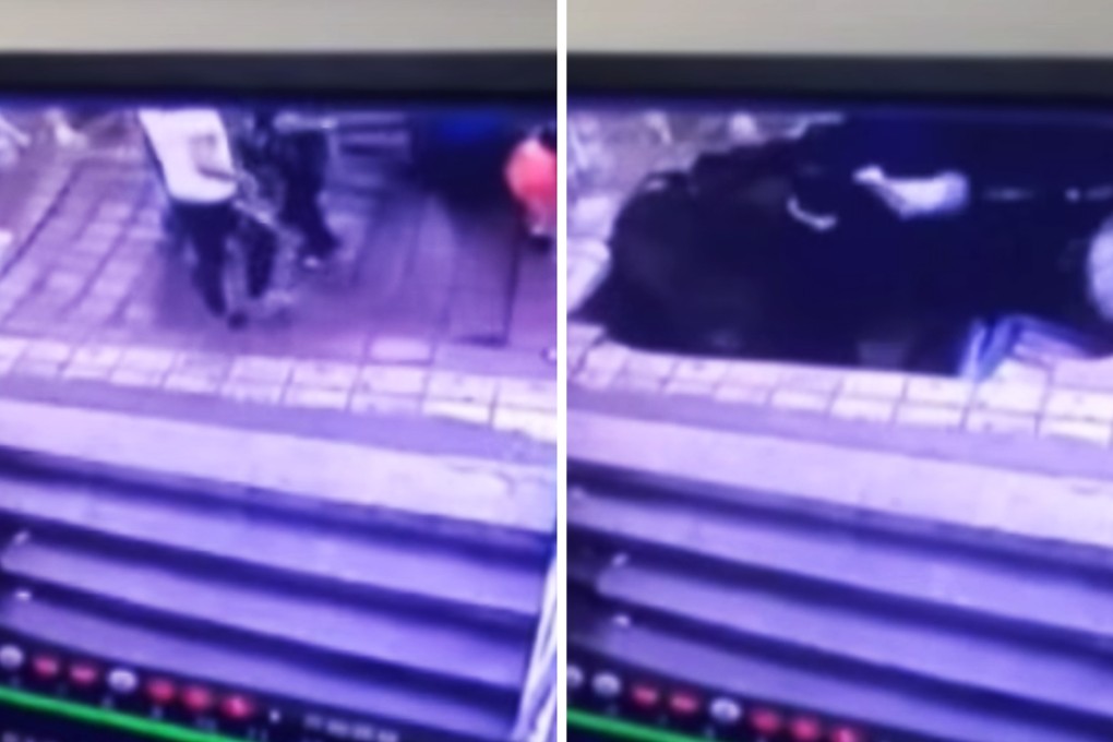 Four people were filmed falling into the sinkhole that opened without warning at a bus stop in Harbin, Heilongjiang province. Photo: SCMP Photos