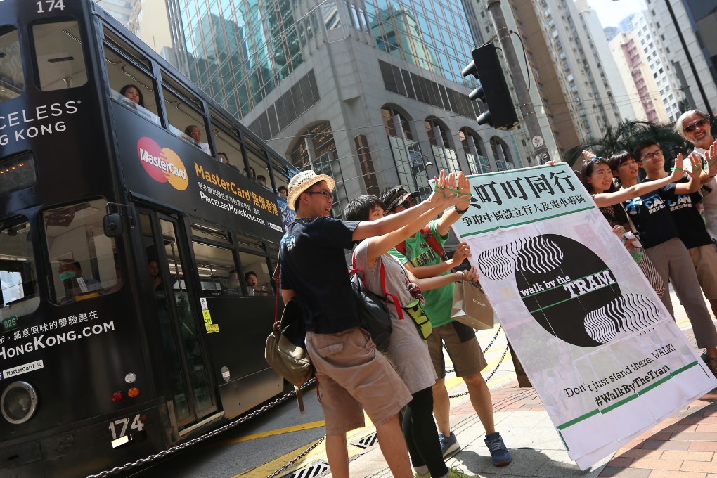 Save the Tram Alliance rally calling for a tram route to be left untouched and a pedestrian precinct in Central. Photo: SCMP Pictures