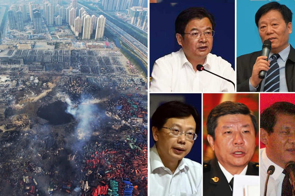 Officials detained include, top left, Zheng Qingyue, Tianjin Port president; top right, Wu Dai, Tianjin transport commission chairman;
bottom left,  Gao Huaiyou, Tianjin deputy work safety administration chief; centre, Wang Jiapeng, Tianjin deputy customs chief; bottom right, Wang Jinwen, deputy inspector with the Ministry of Transport.