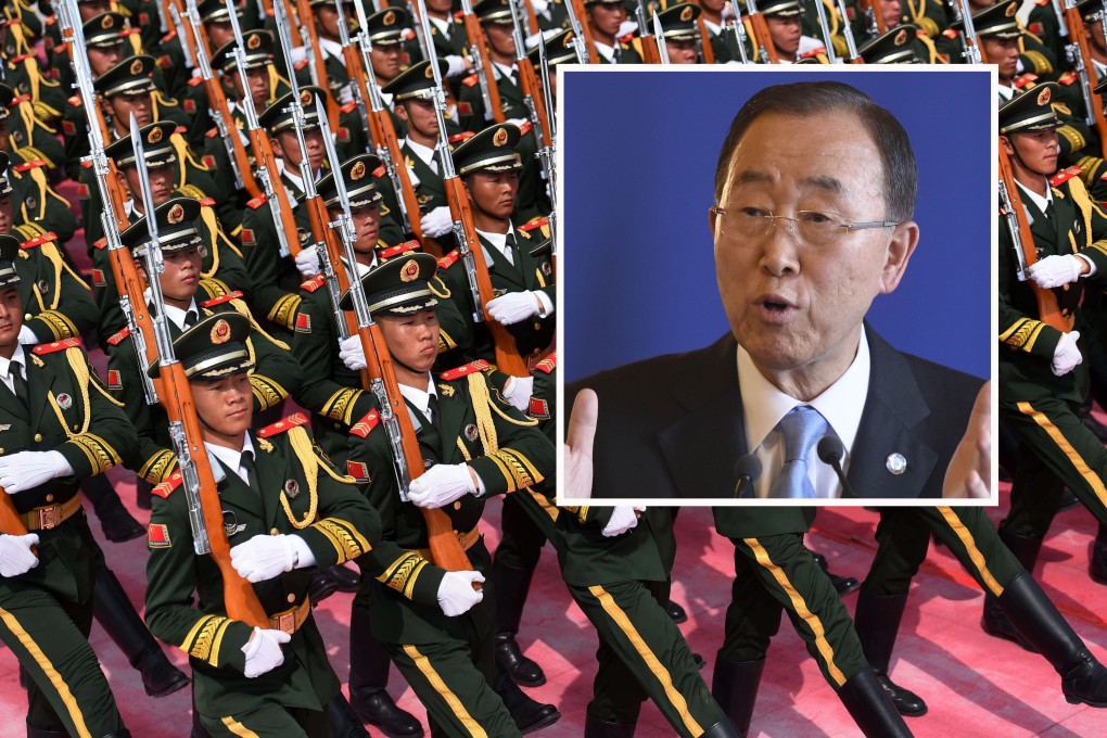 UN Secretary-General Ban Ki-moon (inset) has defended his trip to Beijing to watch a military parade marking the end of the second world war. China has held massive rehearsals (above) for the event. Photos: AFP, Xinhua