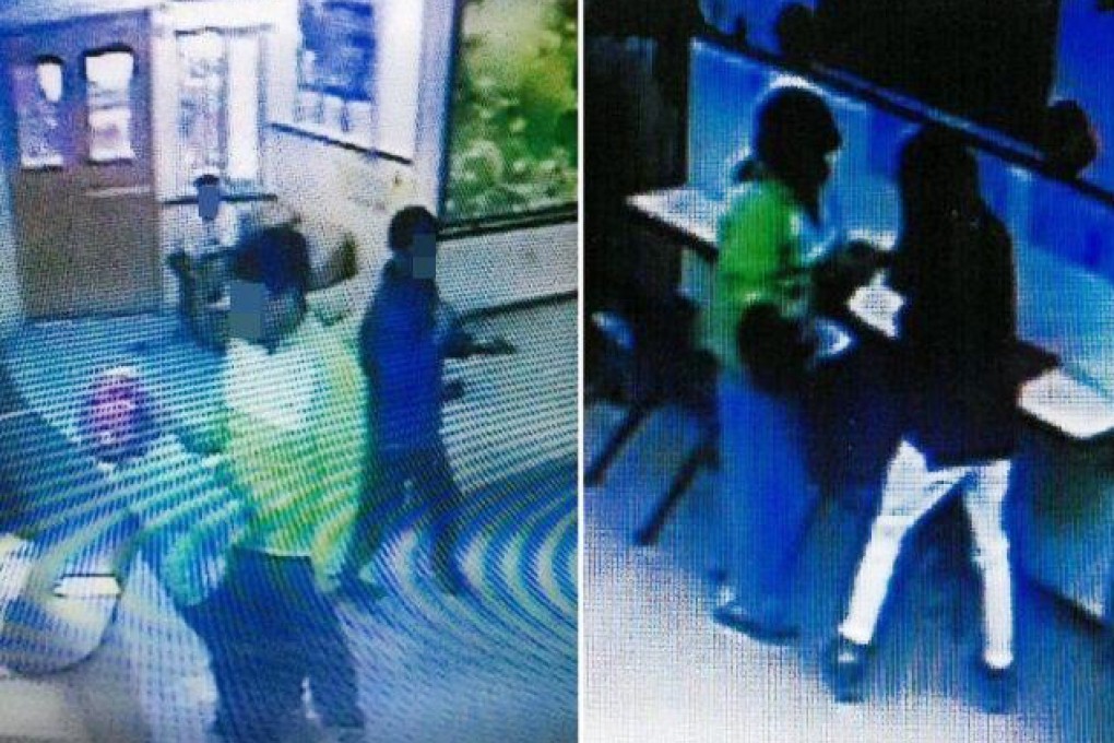 A male employee (left) at the Diamond Hill centre of Hong Chi Association yanking a woman's shirt collar with his right hand. Another case (right) involved a 50-year-old female member at the same centre who was allegedly force fed by two employees during a dinner. Photo: Fernando Cheung