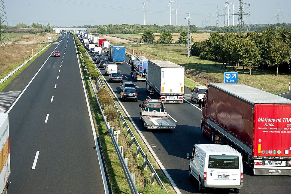 A 20km tailback develops motorway near Mosonmagyarovar, 158km northwest of Budapest. Photo: EPA