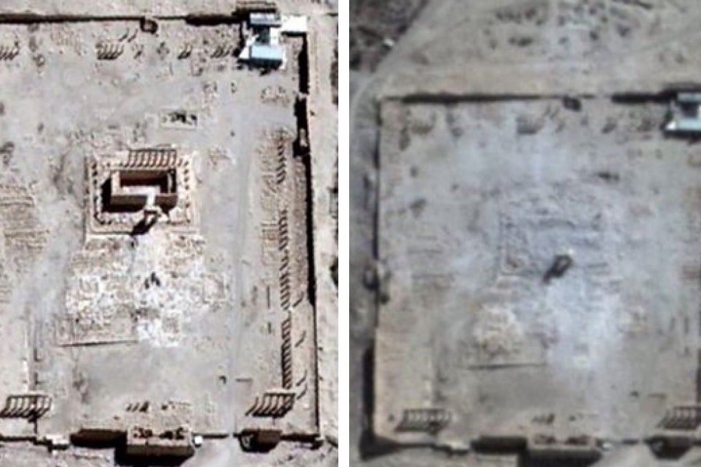Before and after satellite photos, taken on August 27 and August 31 respectively, show the erasure of the Temple of Bel in Palmyra. Photo: UNITAR