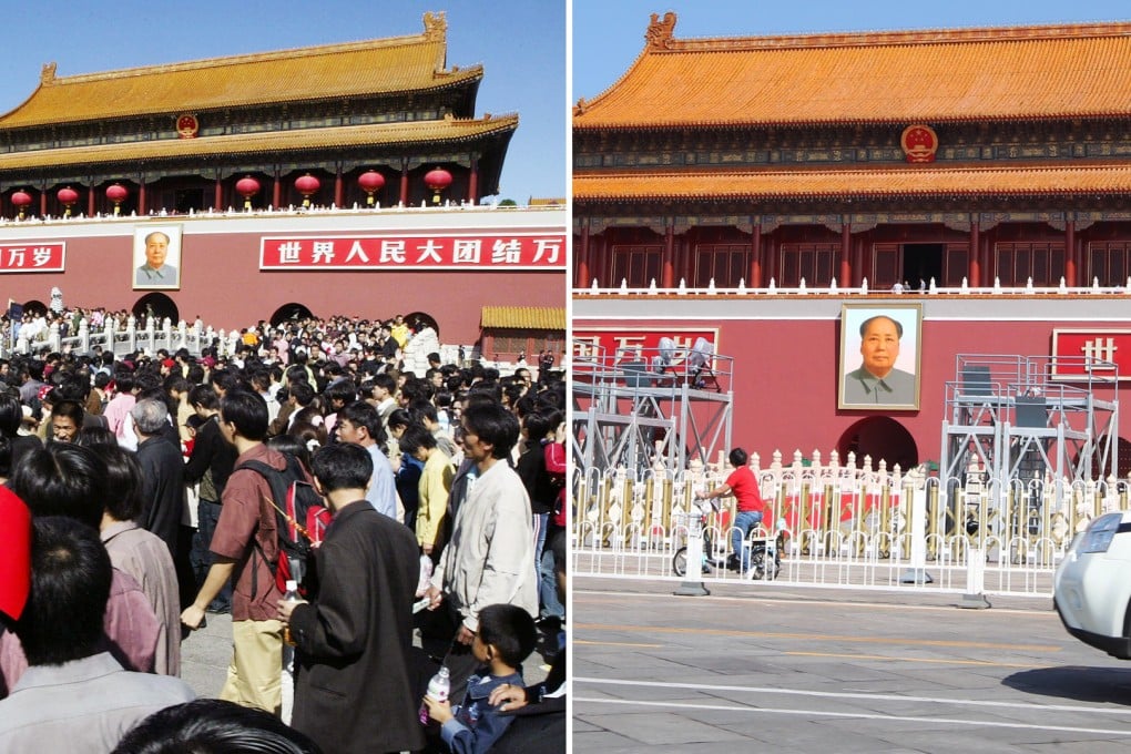 Large crowds are often seen visiting Tiananmen Square (left), but on Wednesday morning - the day before the parade - the area was almost deserted (right). Photos: Mark Ralston and Simon Song