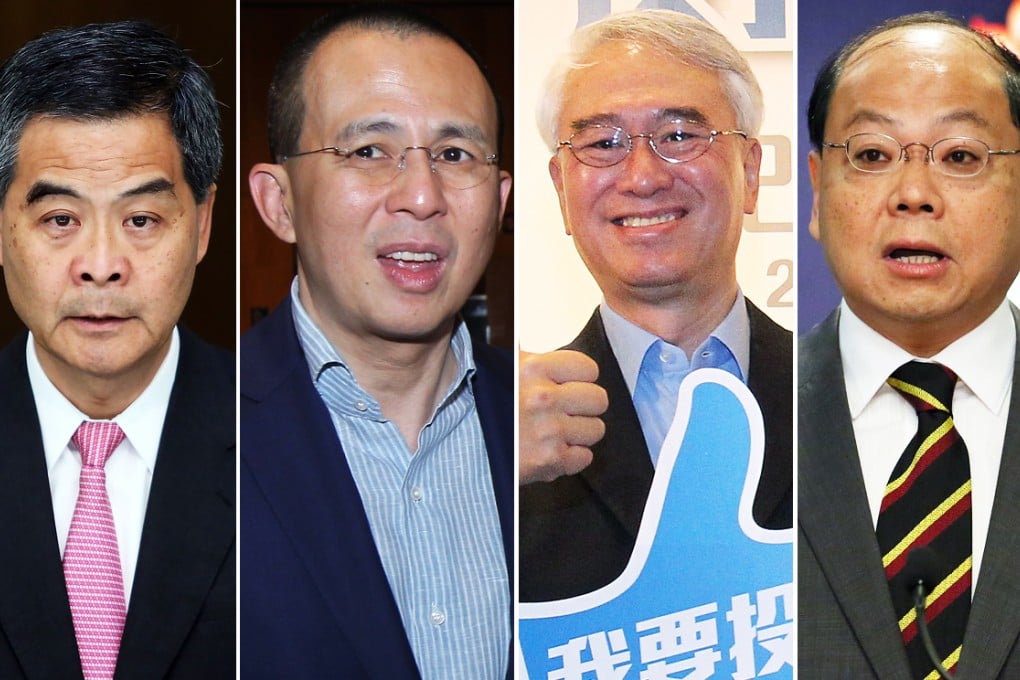 Chief Executive Leung Chun-ying (left) is leading delegates including Richard Li Tzar-kai (second left), Robert Chow Yung (third from left) and former police commissioner Andy Tsang Wai-hung to the parade. Photos: SCMP Pictures