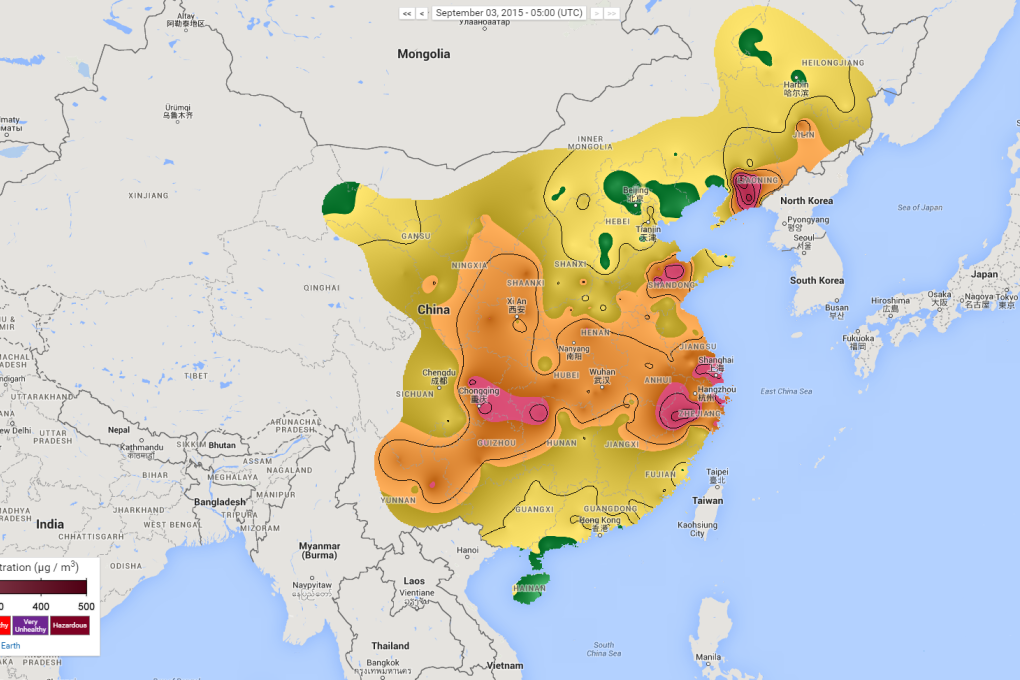 A map of pollution levels across China, as of September 3, 2015. Photo: SCMP Pictures