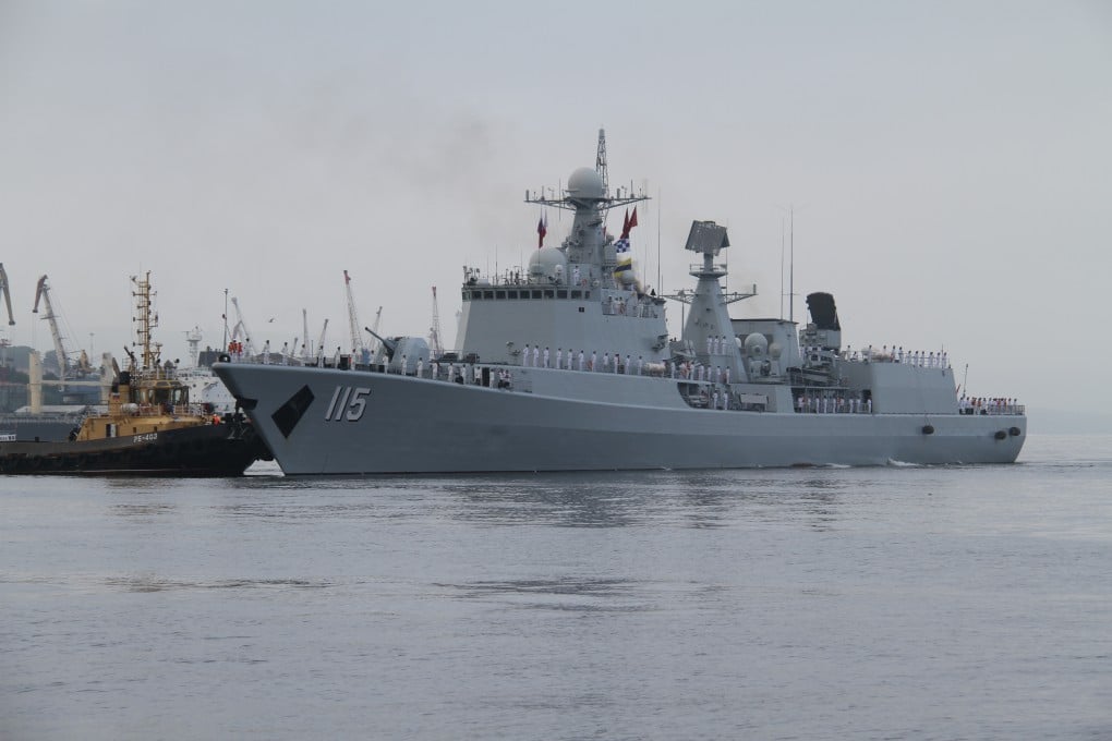 A Chinese destroyer pictured last month in the port of Vladivostok while taking part in joint exercises with Russian naval forces. Photo: Xinhua