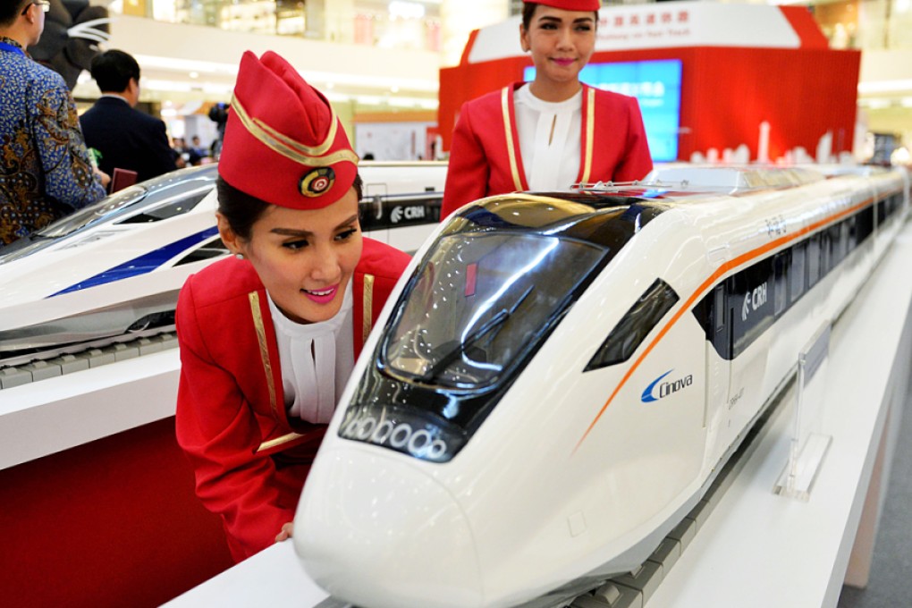 Scale models of Chinese-made bullet trains on display at a shopping mall in Jakarta. Photo: AFP