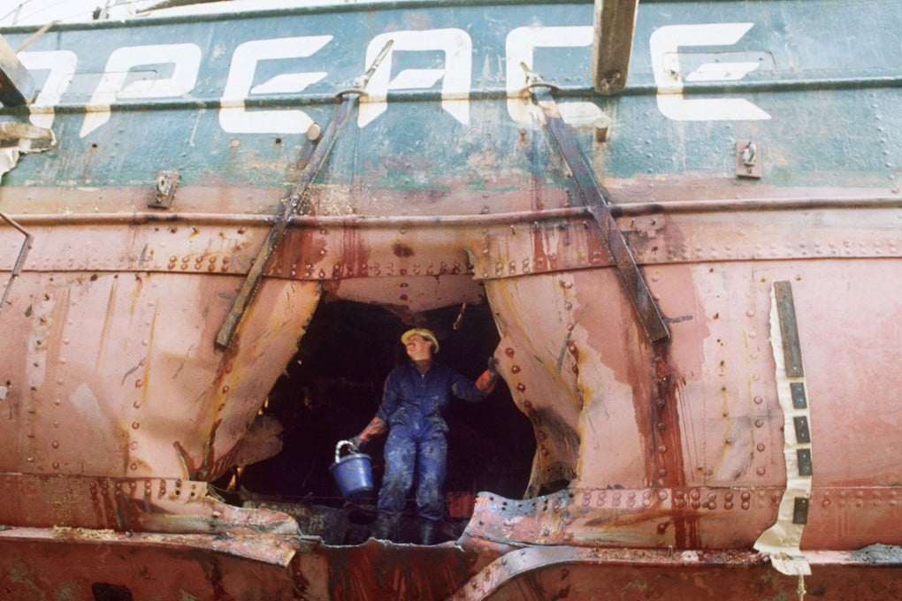 The bombed hull of the Greenpeace flagship Rainbow Warrior. The ship was sabotaged by the French secret service in the port of Auckland on July 9, 1985, to stop it from protesting against nuclear testing at France's Pacific Mururoa Atoll. File photo: AFP