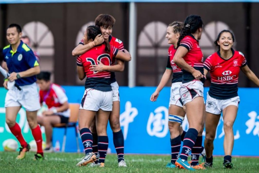 Hong Kong women celebrate after their victory over China in the Qingdao leg of the Asia Sevens Series. Photos: HKRU