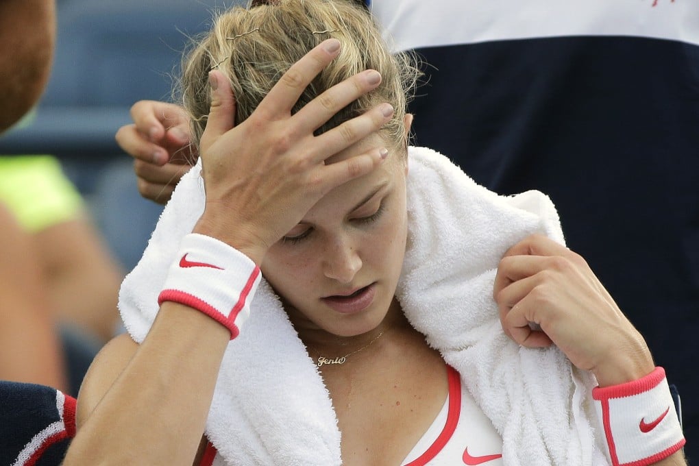 Eugenie Bouchard fell over in the locker room on Friday and banged her head. Photo: AP