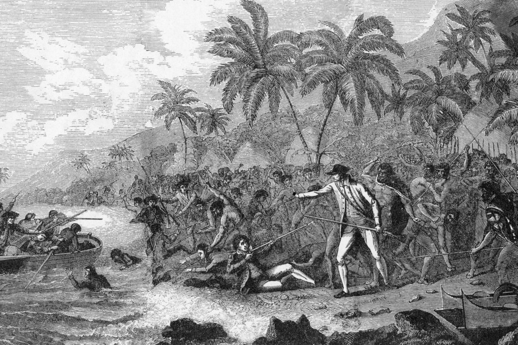 A 19th-century engraving showing the death of Captain Cook on Hawaii in 1779, a crucial event in Moore’s account.