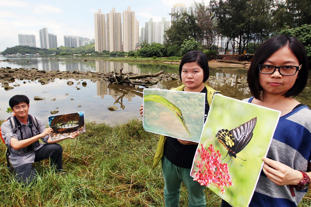 (From left) Beetle Cheng Nok-ming of the Hong Kong Bird Watching Society; Michelle Cheung Ma-shan, education and science manager of Eco-Education and Resources Centre; and Eva Tam Ka-yan, project manager of Designing Hong Kong pose for a photo at Tung Chung River. They are worried that a proposed government planning and engineering study will result in the destruction of the river's ecosystem and natural habitat. Photo: Nora Tam