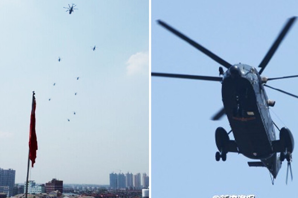 Chinese PLA Air Force Colonel Xu Desheng led  a fly-past of helicopters over his hometown of Xiantao, in Hubei province, after last week's Beijing military parade. Photos: SCMP Pictures