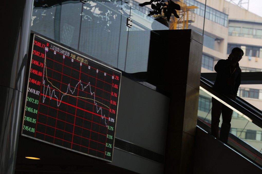 A man talks on the phone inside the Shanghai Stock Exchange building at the Pudong financial district in Shanghai, China. Photo: Reuters