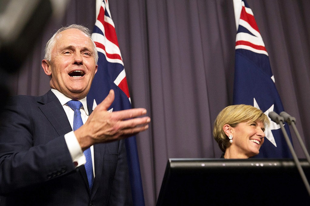 Malcolm Turnbull and deputy leader Julie Bishop after the Liberal Party ballot. Turnbull will replace Tony Abbott as prime minister. Photo: AP