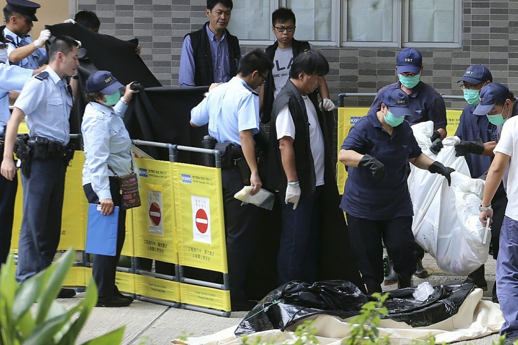 Police officers at Lung Yat Estate yesterday where a woman was said to have leapt from a window with her son. Photo: Felix Wong