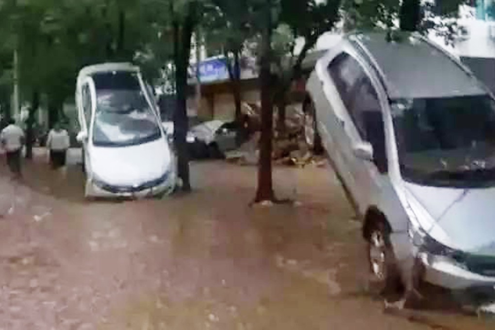 A still from state television footage shows cars washed into trees and   street-level wiring by the force of the flooding. Photo: SCMP Pictures