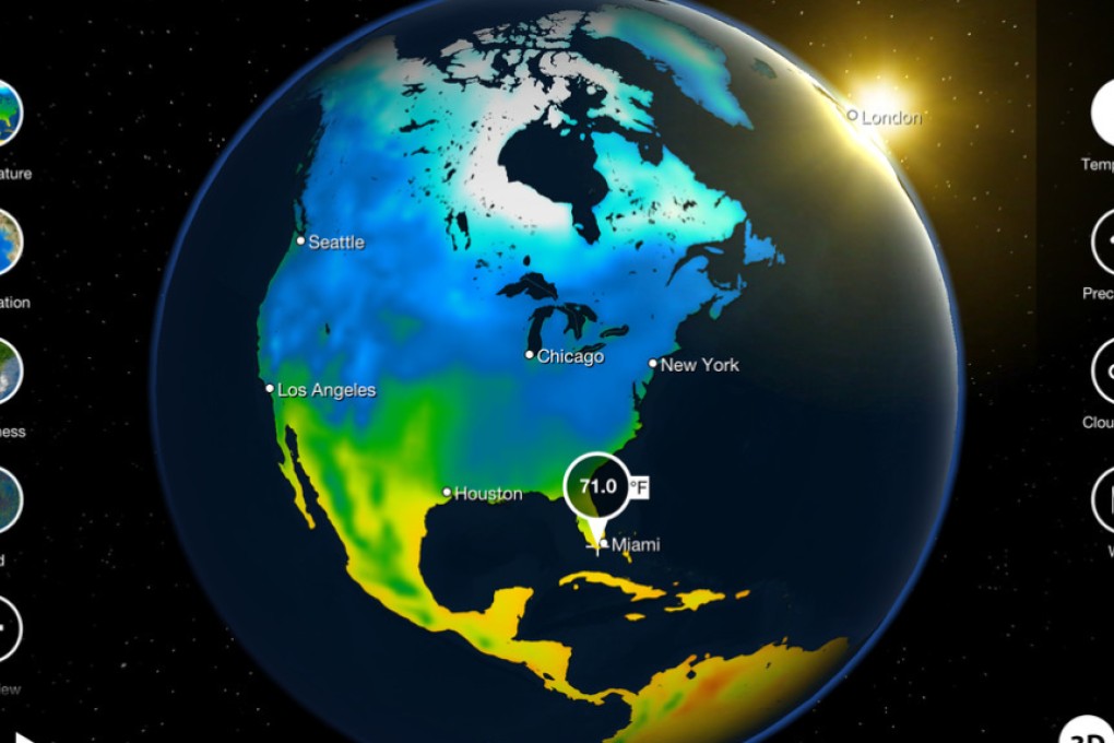 The MeteoEarth app lets you navigate a 3D globe, swiping between locations and zooming in at a pinch