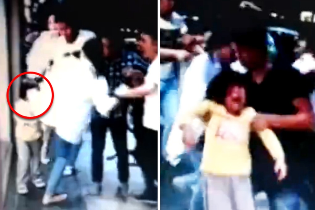 Still from the video show the girl being kicked, left, and being led away with blood on her face. Photo: Thepaper.cn