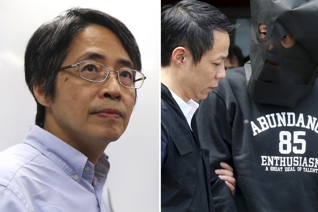 A suspect (right) was escorted to the Sai Wan Ho waterfront to help reconstruct the alleged attack on former Ming Pao chief editor Kevin Lau Chun-to (left) in February, 2014. Photos: Sam Tsang, David Wong