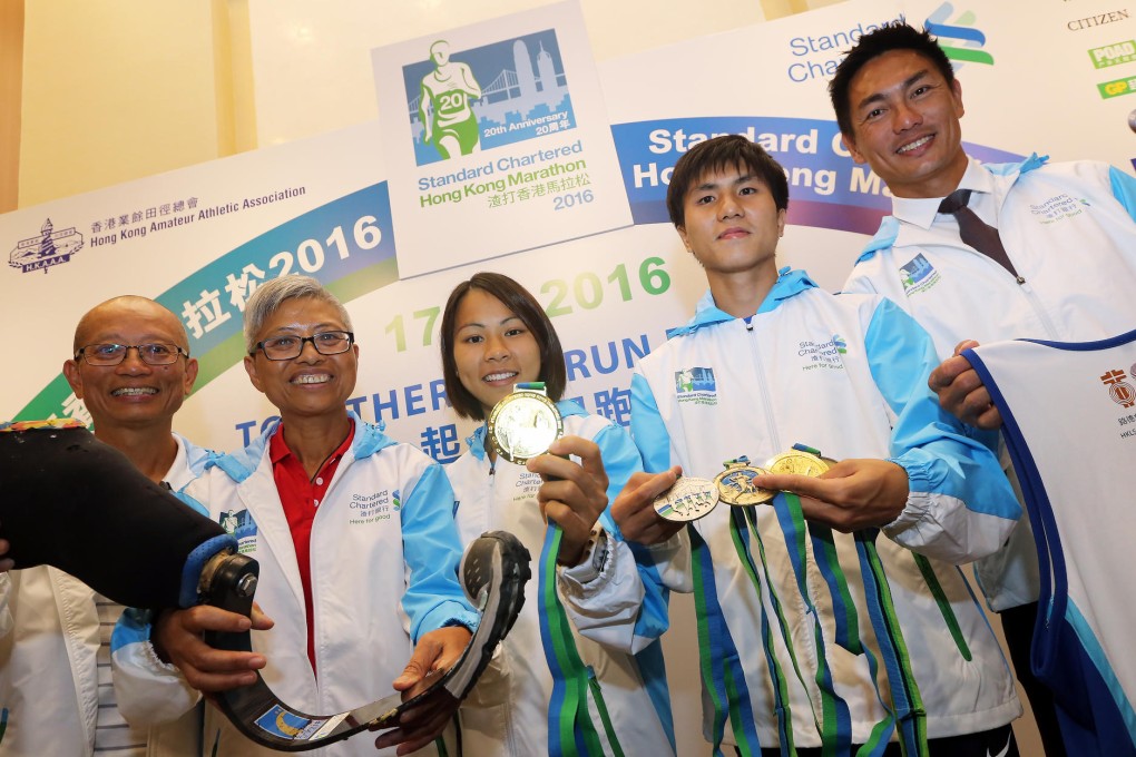 Runners Fung Kam-hung, Chong Bing-ying, Christy Yiu, Tsui Chi-kin and Galen Lam at the marathon launch.Photo: David Wong