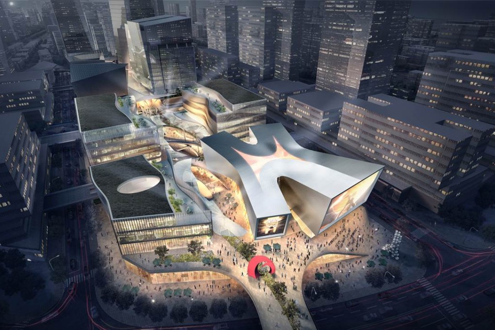 An artist's view of the Shanghai DreamCenter site showing the iconic IMAX building, corporate headquarters and retail boulevard. US film studio DreamWorks Animation is teaming up with Hong Kong-based bar and restaurant developer Lan Kwai Fong Group on the US$ 2.4 billion project, due to open in 2017. Photo: Handout