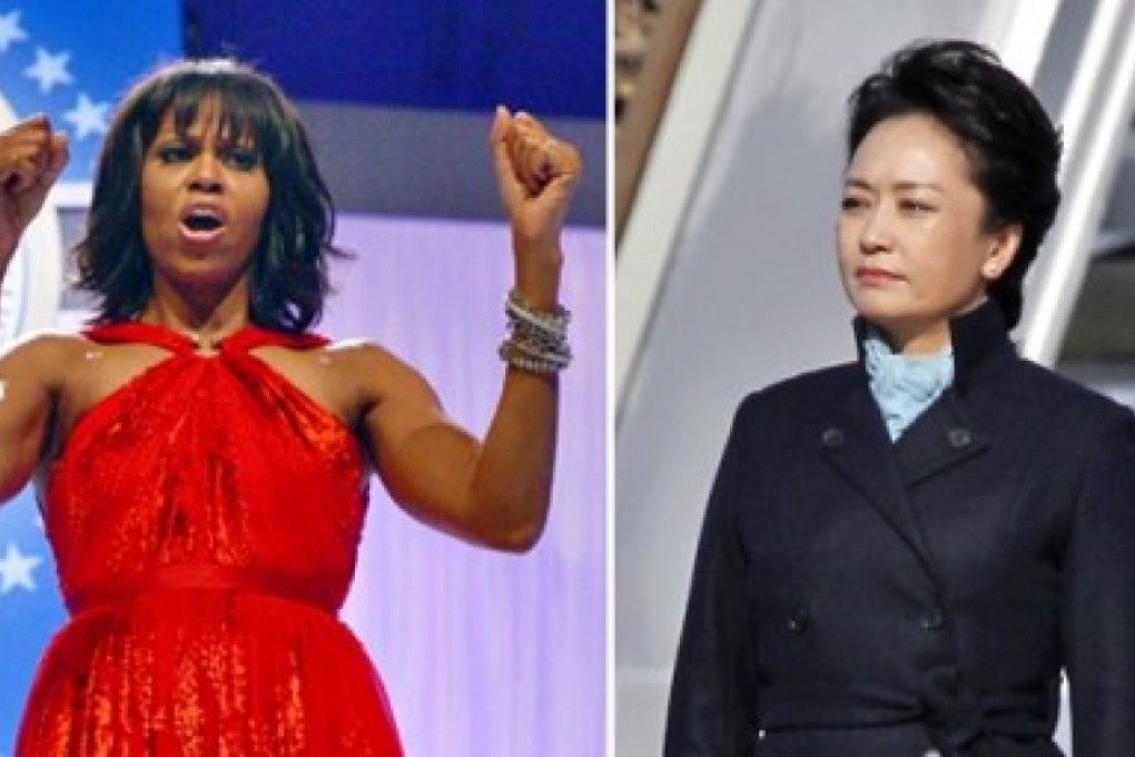 Fashion icons: Michelle Obama's inaugural dress (left) and Peng Liyuan in her headline-making Exception de Mixmind coat and handbag. Photos: AFP, Reuters