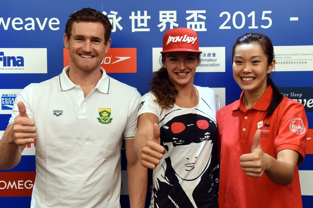 London Olympic gold medallist Cameron van der Burgh with world champion Katinka Hosszu and Hong Kong's Stephanie Au. Photos: Xinhua