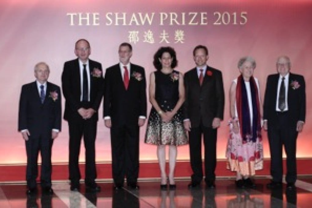 Shaw Prize winners (from left) Professor Henryk Iwaniec and Professor Gerd Faltings (Mathematical Sciences); Professor Peter Greenberg (Life Science and Medicine); Professor Bonnie Bassler (Life Science and Medicine) with her husband Todd Reichart; and Josephine Borucki with her husband, William Borucki (Astronomy)