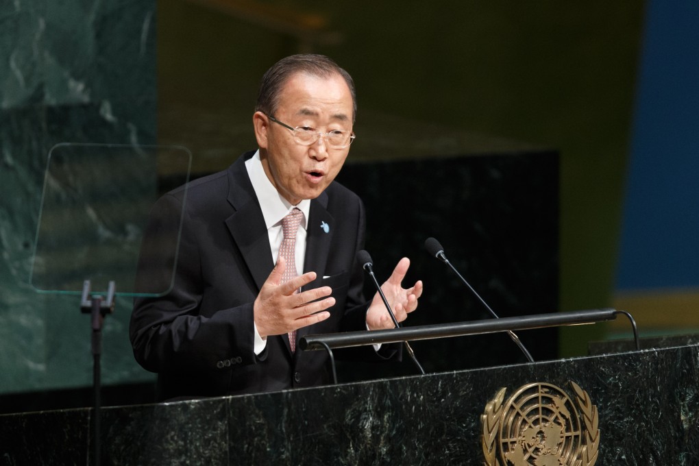 United Nations secretary-general Ban Ki-moon speaks during the Sustainable Development Summit at the United Nations headquarters in New York on Friday. A momentous new agenda charting a new era of sustainable development until 2030 was adopted by 193 UN member states. Photo: Xinhua