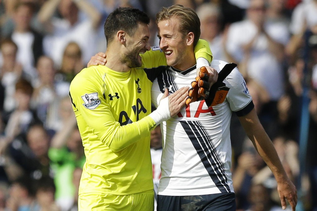 Spurs' goalkeeper Hugo Lloris (left) celebrates with Harry Kane after the team's 4-1 trouncing over City. Photo: AP