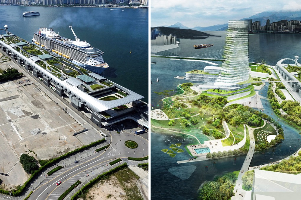 The Kai Tak Cruise Terminal (left) and the winning design for the tourism hub. Photos: SCMP Pictures