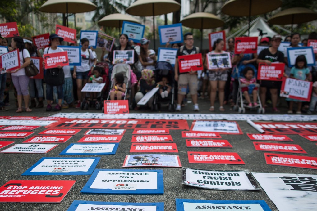 Asylum seekers and their supporters in Hong Kong hold a rally to show their solidarity with the refugees in Europe. Photo: EPA