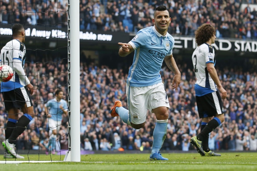 Sergio Aguero celebrates after scoring his fifth goal and Manchester City's sixth against Newcastle United. Photo: Reuters