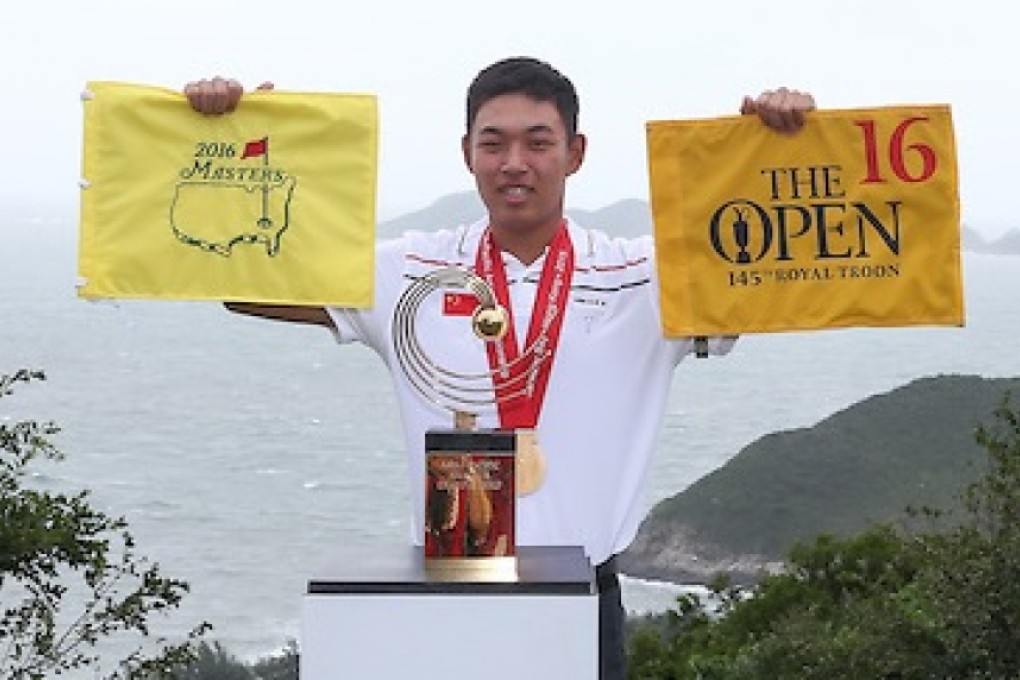 China's Jin Cheng poses with the trophy and the banners for the US Masters and British Open qualifiers. Photos: AAC