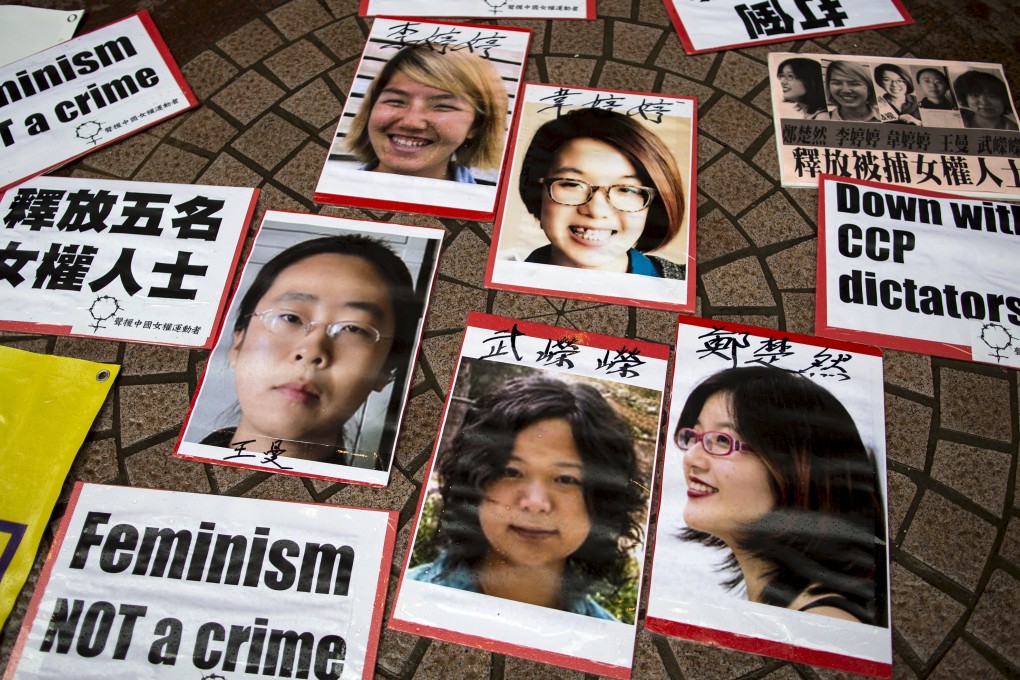 Portraits of Li Tingting, Wei Tingting, Wang Man, Wu Rongrong and Zheng Churan during a protest calling for their release after being arrested for campaigning against sexual harassment. Photo: Reuters